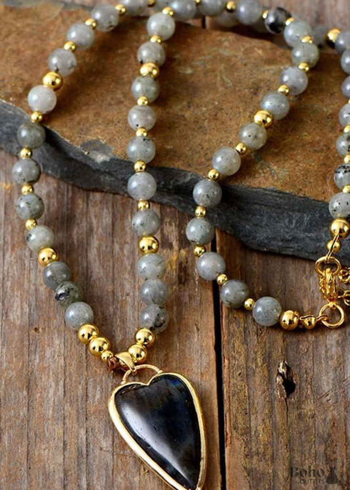 Boho Necklace, Seed Beads Gems Stone Heart Pendant Necklace
